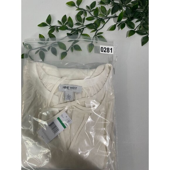 Nine West White Linen Blend Peasant Blouse With Elastic Cuffs & Tie Neck Size L - Picture 13 of 13